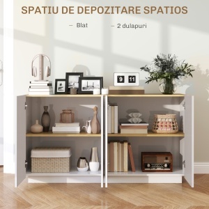 Bufet de Bucătărie cu Uși Amortizate și Rafturi Reglabile, pentru Sufragerie sau Living, 140x40x75 cm, Alb Lucios - Img 4
