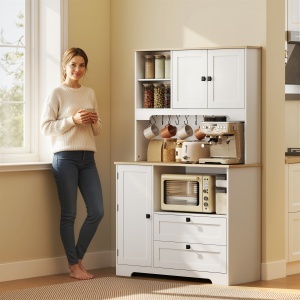 Bufet de Bucătărie Înalt 162 cm, Mobilier de Depozitare cu 2 Dulapuri, 2 Sertare, Suport Condimente, Orificii pentru Cabluri, Rafturi Reglabile, Blat pentru Cuptor cu Microunde, Suporturi pentru Cești, Alb - Img 8