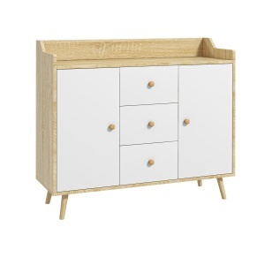 Bufet Modern din PAL si Lemn de di Pin cu 3 Sertare si 2 Dulapioare cu 2 Niveluri, 90x32x80 cm, Alb si Lemn Natur - Img 1