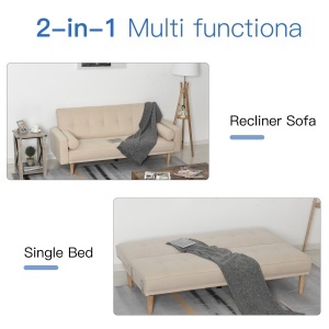 Canapea Extensibilă 2‑în‑1, 3 Locuri, Material Din In și 2 Perne Detașabile, Bej - Img 4