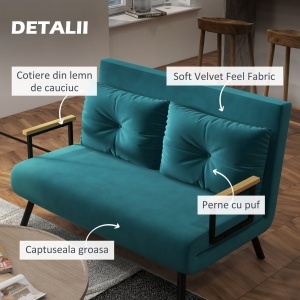 Canapea Extensibila 3-in-1 – Catifea Verde Marin, Spatar Reglabil - Img 6