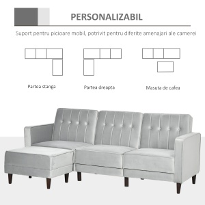 Canapea extensibila cu 3 locuri cu taburet si spatar inclinabil, tapiterie din catifea si scaun captusit, 218x85x86 cm, gri deschis - Img 5