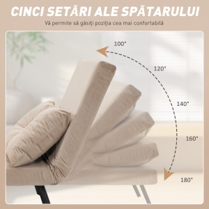 Canapea Extensibilă cu Spătar Reglabil pe 5 Nivele, Canapea Pat Individuală Pliabilă cu Perne, 63x73x81 cm, Bej - Img 5