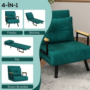 Canapea Extensibilă cu Spătar Reglabil pe 5 Nivele, Canapea Pat Individuală Pliabilă cu Perne, 63x73x81 cm, Verde - Img 4