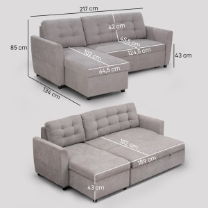 Canapea Extensibila pe Colt 3 locuri cu Sezlong Compartiment din Material Textil - Img 3