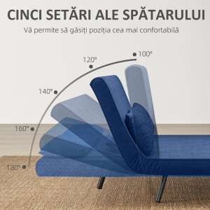 Canapea Pat de 2 Locuri cu Spătar Reglabil pe 5 Nivele și 2 Perne din Material Capitonat, 102x73x81 cm, Albastru - Img 5