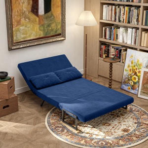 Canapea Pat de 2 Locuri cu Spătar Reglabil pe 5 Nivele și 2 Perne din Material Capitonat, 102x73x81 cm, Albastru - Img 9