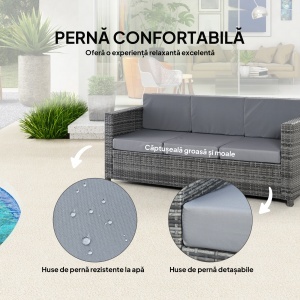 Canapea pentru Exterior cu 3 Locuri din Ratan PE, Canapea cu Perne Tapițate și Huse Detasabile, Cadru Metalic pentru Grădină, Terasă și Balcon, 185x70x80 cm, Gri - Img 5