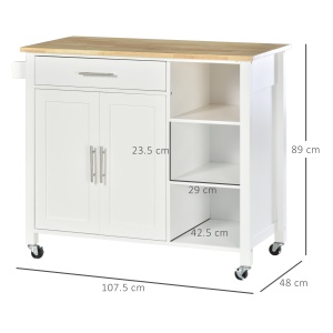 carucior bucatarie cu 4 roți, 3 rafturi, pentru bucătărie si sufragerie,107×48×89 cm, din MDF, Lemn de cauciucalba, alb - Img 3