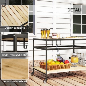 Cărucior cu Roți din Lemn cu 2 Rafturi, 3 Cârlige, Blat cu Lamele și Mâner 107x65x80 cm Natural - Img 6