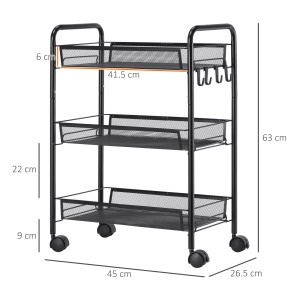 Carucior de bucatarie cu 3 niveluri cu cosuri detasabile si 4 roti, otel si plastic PP, 45Lx26,5x63cm, Negru - Img 3