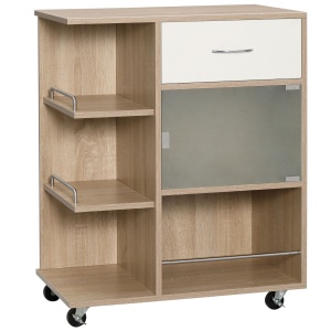 Carucior de bucatarie modern, carucior mobil de depozitare cu sertar, polita cu 3 niveluri, dulap cu usa din sticla, pentru sufragerie, natural - Img 1