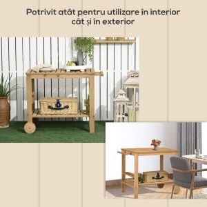 Cărucior de Servire pentru Grădină din Lemn de Brad, Cărucior cu Rafturi și Suport pentru Sticle, 95x47x74 cm, Natural - Img 7