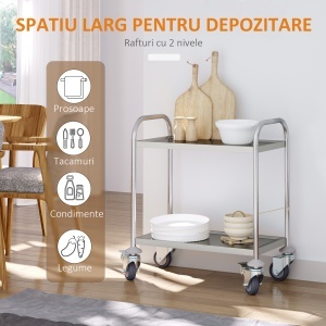 Carucior Pentru Bauturi Racoritoare de Bucatarie 2 Rafturi in Otel Inox 71x41x81cm - Img 4