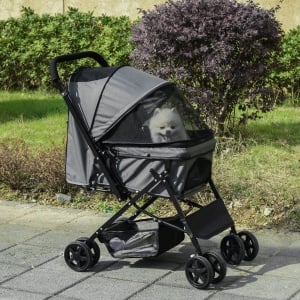 Carucior pentru Caini Pliabil cu Maner Reversibil si Roti din EVA, Gri - Img 2