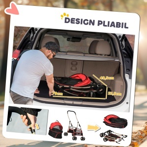 Cărucior pentru Câini Pliabil și Convertibil în Geantă de Transport cu 2 Lese și Pernă, 82x49.5x98 cm, Roșu - Img 6