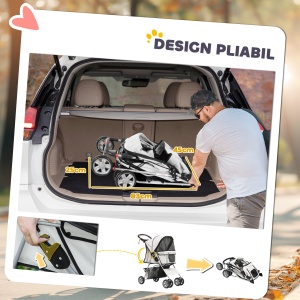 Cărucior Pliabil pentru Câini până la 10 kg cu Copertină Împotriva Ploii, 75x45x97 cm, Gri - Img 7