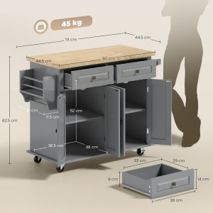 Căruț de Bucătărie cu 2 Sertare și 2 Dulapuri, Insulă de Bucătărie cu Blat din Lemn, 111x44,5x82,5 cm, Gri - Img 3