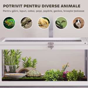Casă pentru Țestoase Înălțată cu Separator, Sertar și 2 Capace, Teren pentru Țestoase din Lemn de Brad și PS, 104x53x82 cm, Gri și Alb - Img 8