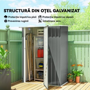 Căsuță de Grădină 1.07m² din Oțel Zincat, Căsuță pentru Unelte cu Ușă Blocabilă, Acoperiș Înclinat, 142x86x189 cm, Gri Deschis - Img 4