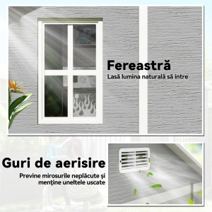 Căsuță de grădină din rășină cu podea, 2 uși blocabile, fereastră, 1.8x1.8m, gri - Img 7