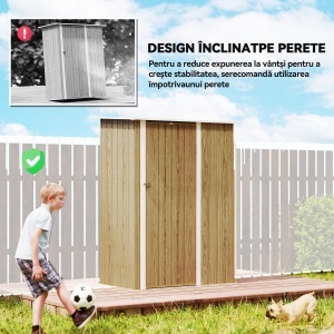 Căsuță pentru Grădină 1.07m² din Oțel Galvanizat, Căsuță pentru Unelte cu Ușă Blocabilă, Acoperiș Înclinat, 142x86x189 cm, Imitatie Lemn - Img 5