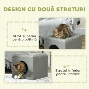 Căsuță pentru Pisici cu 2 Niveluri, cu Pernă din Pluș, din Lemn, Poliester și Plastic, 36,5x36,5x33 cm, Verde - Img 4