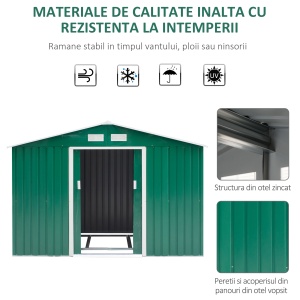 Căsuță pentru unelte de grădină din metal, Magazie depozitare scule grădină, verde, 277×191×192 cm - Img 6