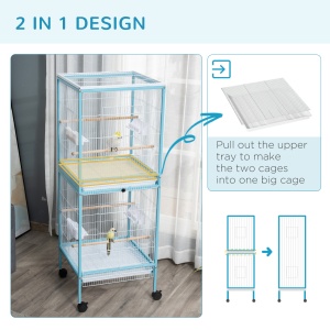 Colivie pentru Pasari 2 in 1 Voliera pentru Interior cu 4 Roti Pivotante, Tavi Detasabile si Recipiente din plastic, 51,5x50x140cm, Albastra - Img 4