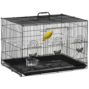 Colivie pentru Păsări cu 2 Stinghii, 3 Intrări, Tavă și 2 Recipiente pentru Hrană, 60x41x41 cm, Negru - Img 1