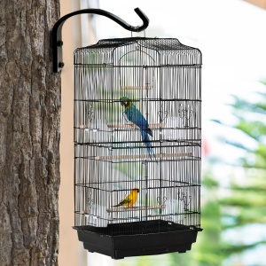 Colivie pentru pasari cu Stinghii, Leagan si boluri, Voliera din Metal si Plastic, 46.5x35.5x92 cm, Negru - Img 8