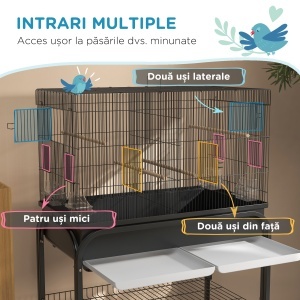 Colivie pentru Păsări de Interior cu Tăviță, Raft și Roți, Volieră din Oțel pentru Perusi, Canari, Nimfe și Papagali, Negru, 85 x 49 x 119 cm - Img 5
