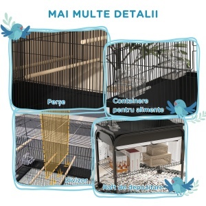 Colivie pentru Păsări de Interior cu Tăviță, Raft și Roți, Volieră din Oțel pentru Perusi, Canari, Nimfe și Papagali, Negru, 85 x 49 x 119 cm - Img 7