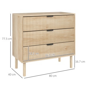 Comodă cu 3 Sertare, Picioare din Lemn Masiv și Design Canelat, 80x40x77,5 cm, Lemn Natural - Img 3