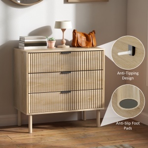 Comodă cu 3 Sertare, Picioare din Lemn Masiv și Design Canelat, 80x40x77,5 cm, Lemn Natural - Img 6