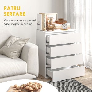 Comodă cu 4 Sertare, Organizator de Depozitare cu Ghidaje Metalice și Mânere cu Caneluri, 60x40x80 cm, Alb - Img 5