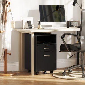Comodă de Birou cu 2 Sertare și Raft Deschis, Mobilier cu 5 Rotile, Încuietoare și 2 Chei, 39x40x65 cm, Negru - Img 9