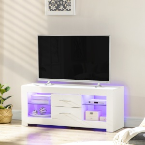 Comoda TV cu LED RGB – 55”, Etajere Sticla & Telecomanda, 12 Culori, 10W - Img 2