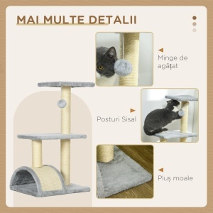 Copac pentru Pisici cu 3 Nivele cu Covor pentru Zgâriat în Formă de Arc, Copac de Zgâriat, 40x35x72 cm, Gri - Img 5