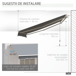 Copertina pentru soare tip rulou reglare cu manivela, din aluminiu si poliester, 295x245cm, gri - Img 8