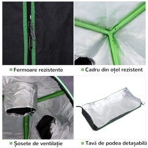 Cort Hidroponic pentru Cultivare din Oxford 600D cu 3 Prize de Aer Reglabile și Fereastră, 120x60x150 cm, Negru - Img 4