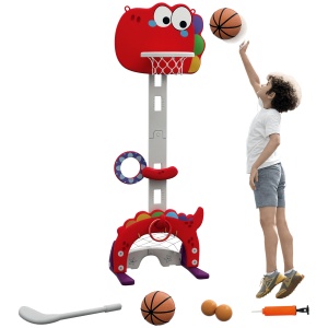 Coș de Baschet pentru Copii, Înălțime Reglabilă, 5 în 1 cu Fotbal, Golf, Lasou, 46x51x134-152 cm, Roșu - Img 1