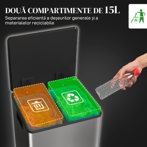 Coș de Gunoi cu 2 Compartimente de 15L cu Pedală, și Capac Silențios din Oțel, 41,8x36,7x44 cm, Argintiu - Img 4