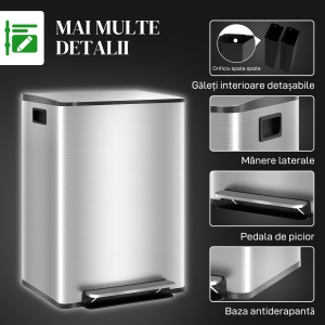 Coș de Gunoi cu 2 Compartimente de 30L, Pedală și Capac Silențios, 47,7x37,5x66,8 cm, Argintiu - Img 7