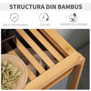 Cos de rufe din bambus , cos de rufe cu 3 pungi glisante din material textil si raft deschis, cos de spalat cu 3 sectiuni, economiseste spatiu, natural - Img 7