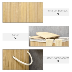Cos de rufe din bambus cu capac, 100 litri cu 2 sectiuni, captuseala detasabila lavabila, 62,5 x 37 x 60,5 cm, natural - Img 7
