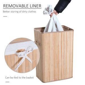 Cos de rufe din bambus cu capac si geanta detasabila din material, 40x30x60cm, natural - Img 5