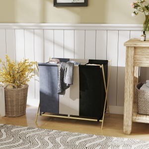 Coș de Rufe Pliabil cu 3 Compartimente, din Bambus și Material cu Efect de In, 75x48x67 cm, Multicolor - Img 2