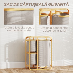 Coș pentru Rufe cu 3 Saci și Rafturi Detașabile din Material Textil din Bambus, 50x32x69,7 cm, Alb Crem - Img 5