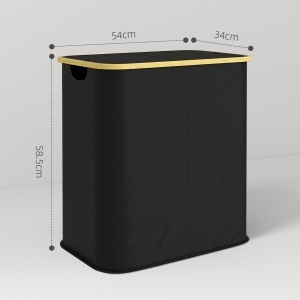 Coș pentru Rufe de 80L cu 2 Secțiuni și Capac din Material Textil și Bambus, 54x34x58,5 cm, Negru - Img 3